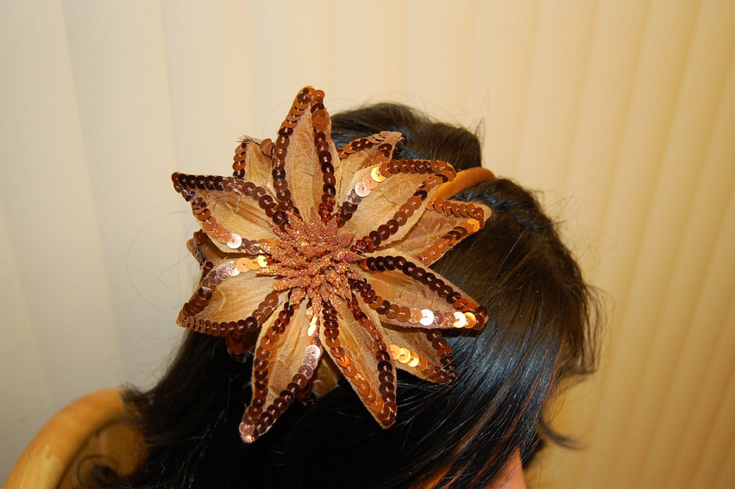 Hard Headband, Satin Finish, Sequin Fire Flower, Toffee/ Gold