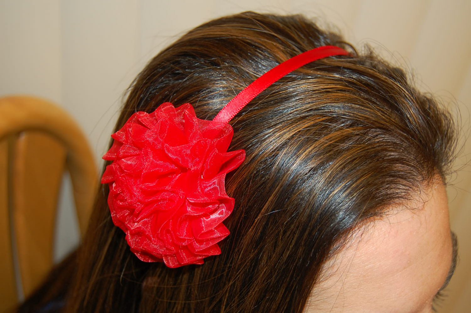 Hard Headband, Satin Finish, Chiffon Rosette, Red/Red