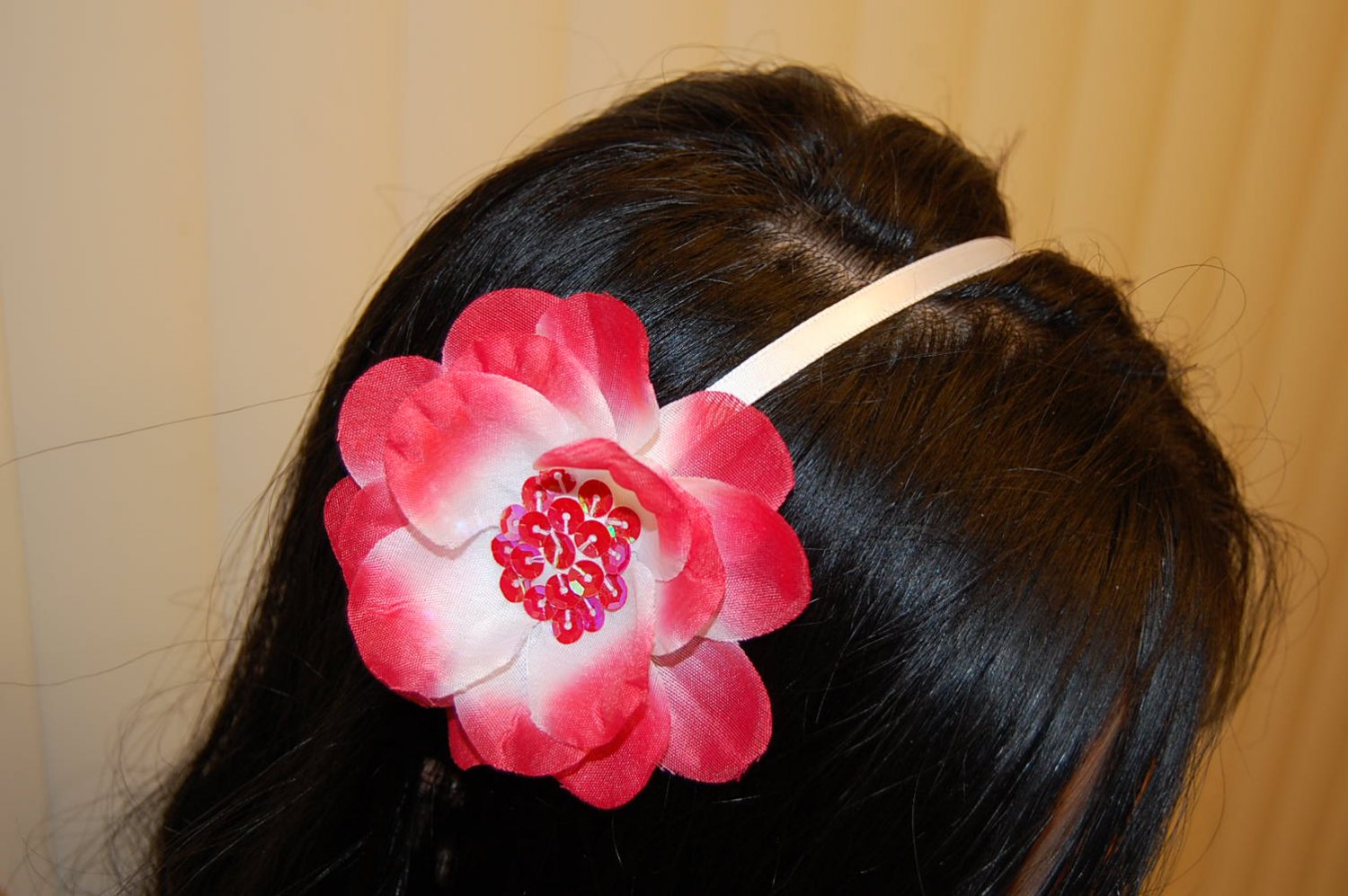 Hard Headband, Satin Finish, Sequin Flower, Bright Pink/White