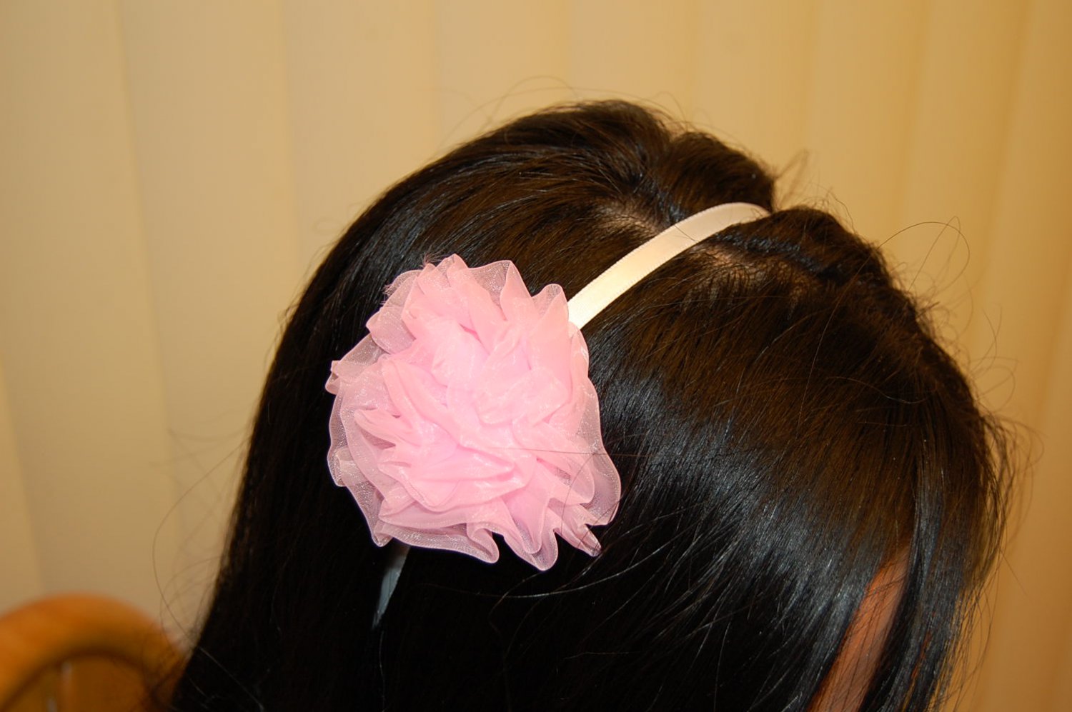 Hard Headband, Satin Finish, Chiffon Rosette, Pink/White
