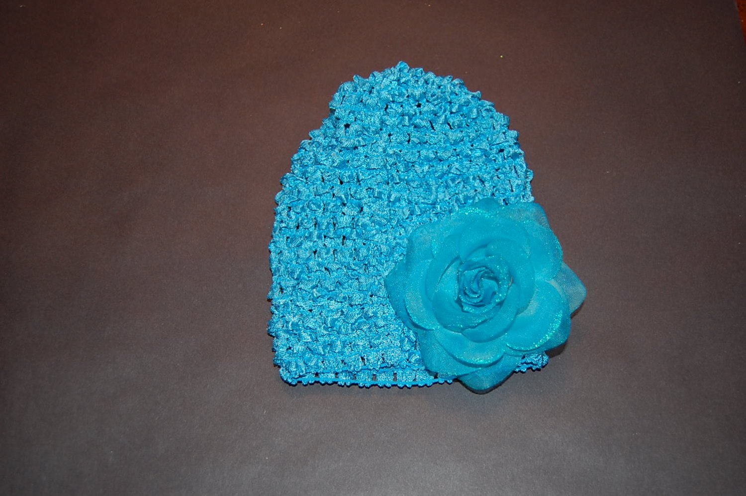 Crocheted Hat, Glitter Rose, Turquoise/Blue