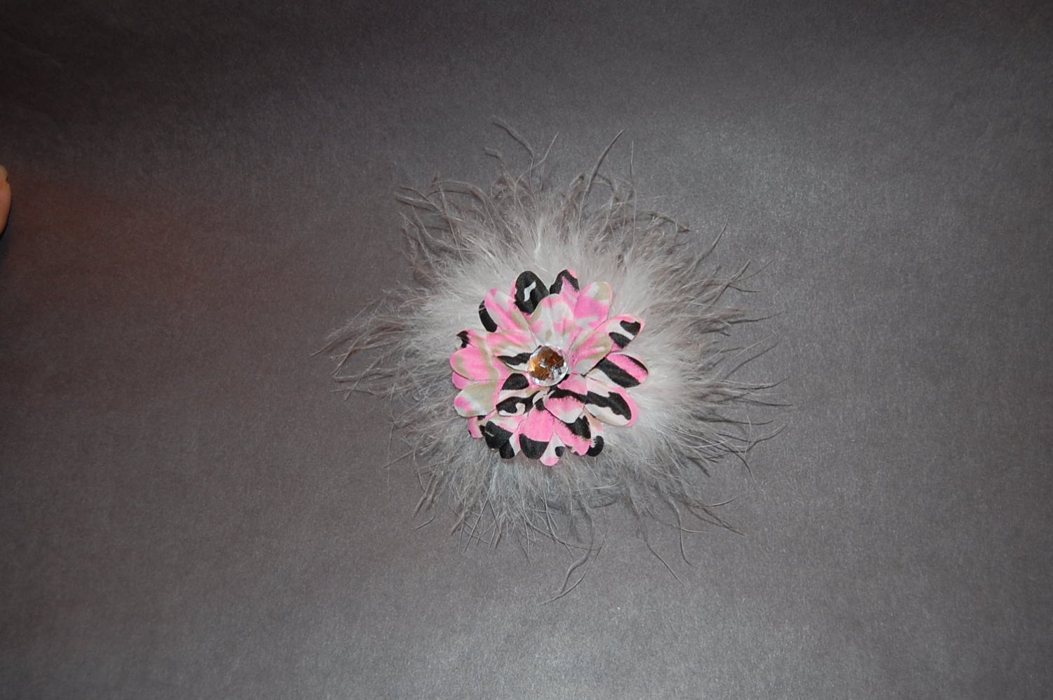 2" Daisy, Marabou, on Alligator Clip, Camouflage/White