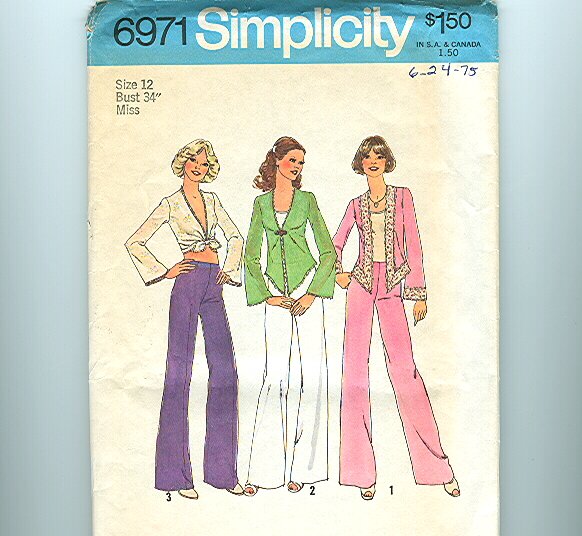 1975 Sewing Pattern Simplicity 6971 Size 12 Wide Leg Pants UNCUT