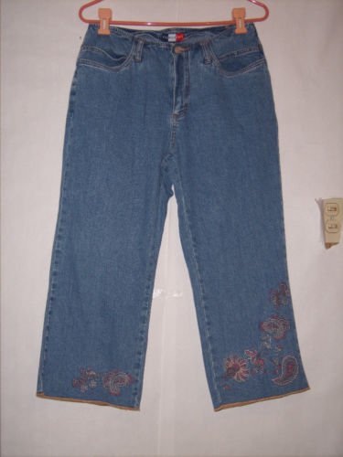 French Cuff Blue Denim Jean Capris size 10 embroy leg