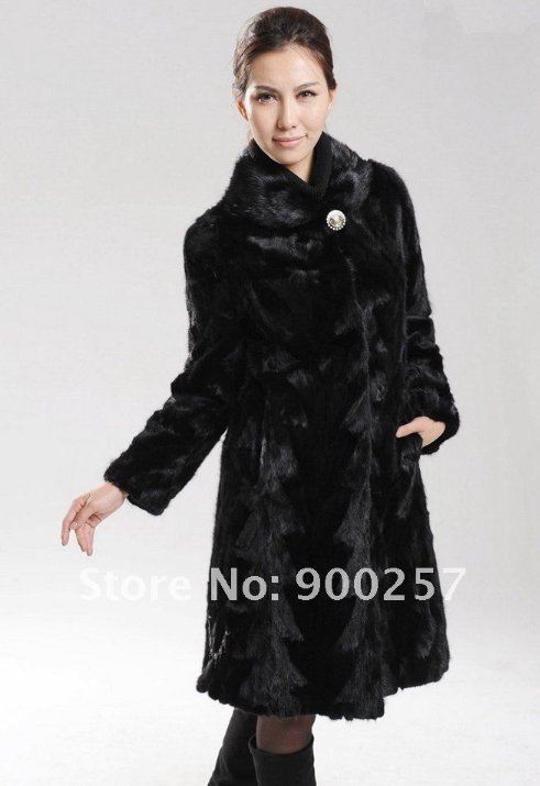 Genuine Real Black Pieced Long Mink Fur Coat M
