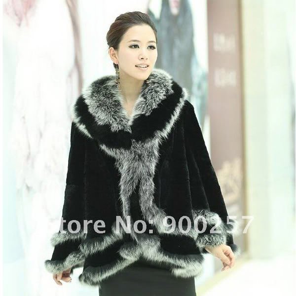 Stylish Rex Rabbit Fur Shawl/ Cape with Fox Fur Trims