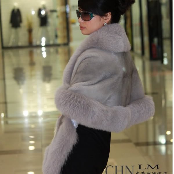Luxuy Large Genuine REAL Mink Fur Shawl with Fox Trim Blue-Grey