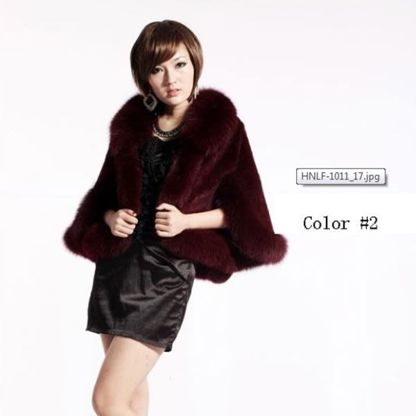 Luxury Genuine Sheared Rabbit Fur Shawl with Fox Trims Dark Red
