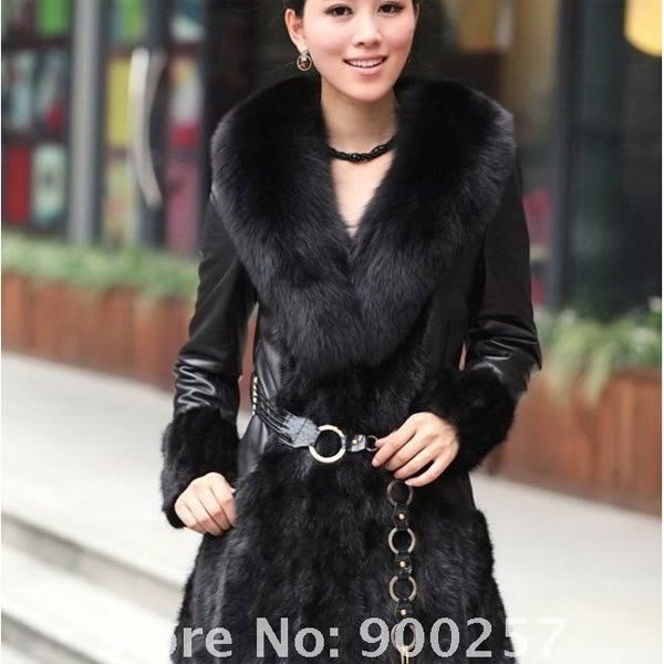 Lamb Leather Coat, REAL Mink fur Trimming & Fox Collar, Black, M