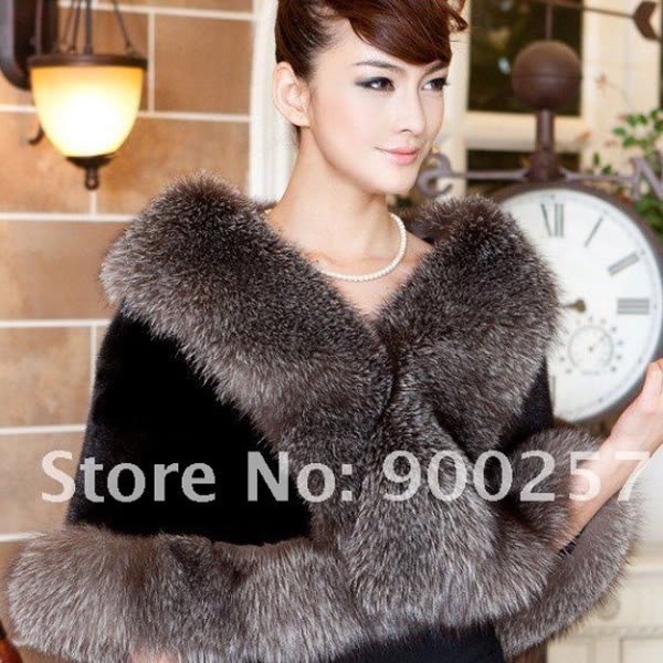 Genuine Top Quality Mink Fur Wrap/Shawl Fox Fur Trims, Black/Silver Fox