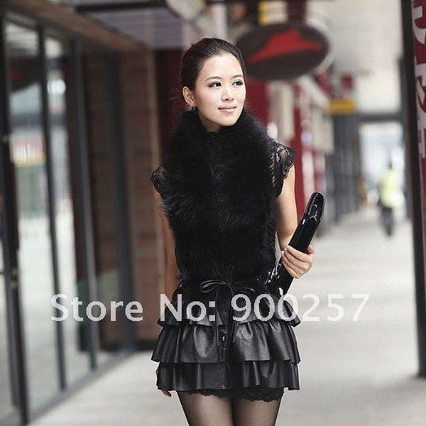 Cute Sexy REAL Leather minis skirt vest Racoon Trim, Black