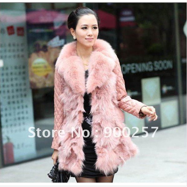 Lamb Leather Coat With REAL Fox fur Trimming & Fox Collar, Pink, XXL