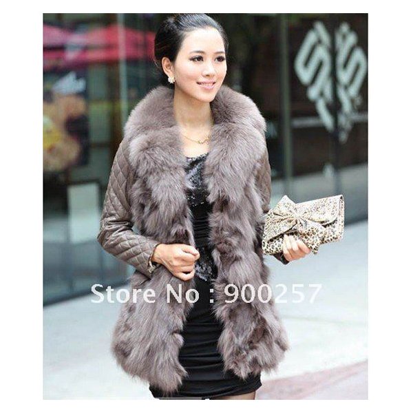 Lamb Leather Coat With REAL Fox fur Trimming & Fox Collar, Grey, XL