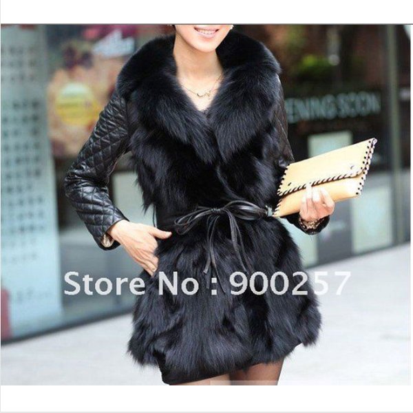 Lamb Leather Coat With REAL Fox fur Trimming & Fox Collar, Black,XXL