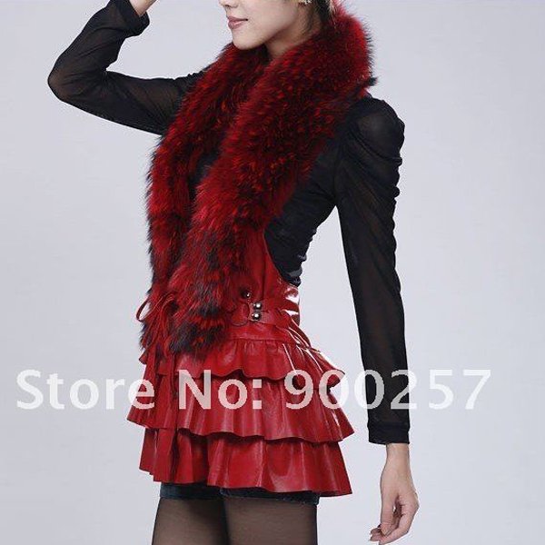 Cute Sexy REAL Leather minis skirt vest Racoon Trim, Red