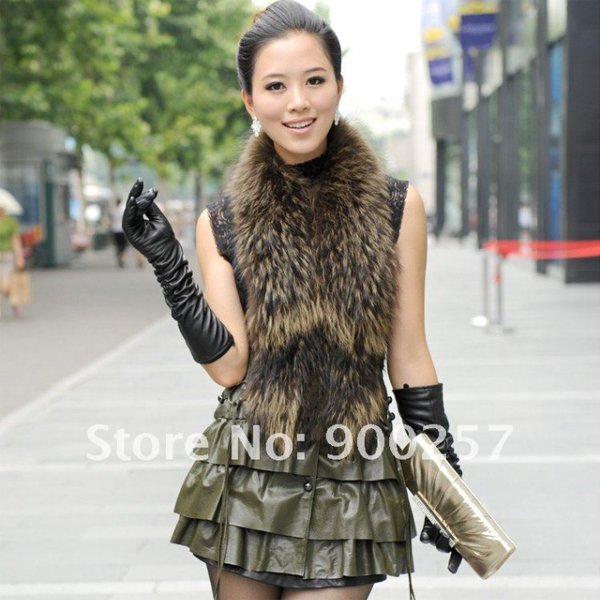 Cute Sexy REAL Leather minis skirt vest Racoon Trim, Olive Green