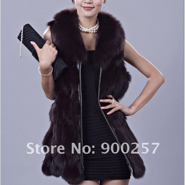 Genuine Fox Fur Long Vest with Belt, Black, XXL