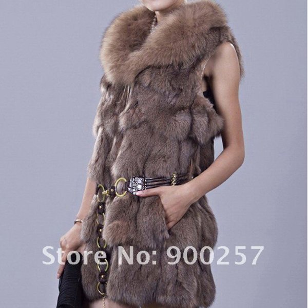 Genuine Fox Fur Long Vest with Belt, Brown, XL