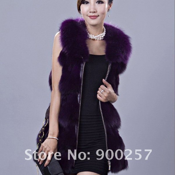 Genuine Fox Fur Long Vest with Belt, Dark Purple, L