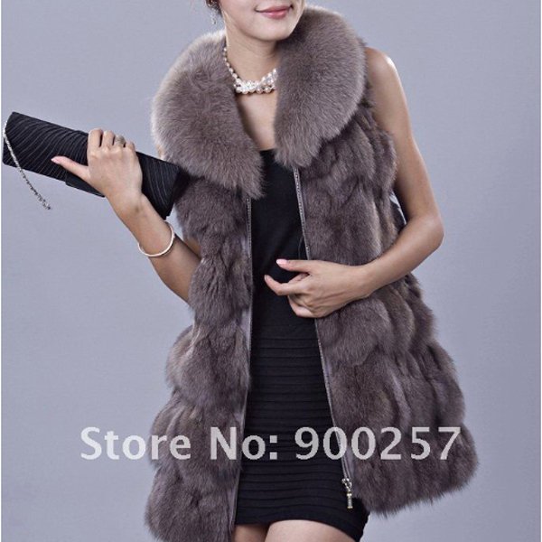 Genuine Fox Fur Long Vest with Belt, Grey, L