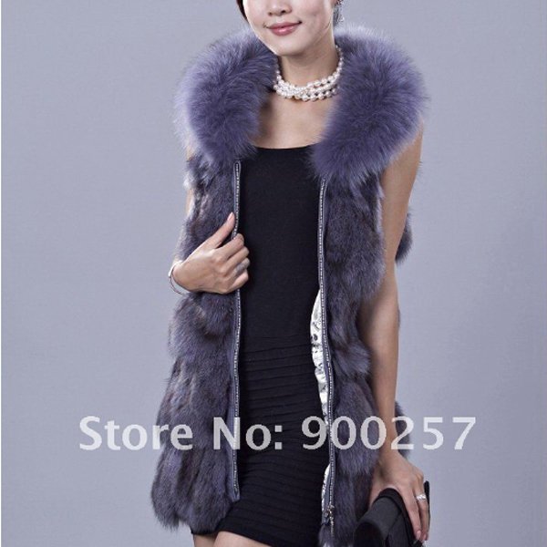 Genuine Fox Fur Long Vest with Belt, Blue-Grey, M