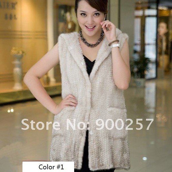 Genuine Knitted Hooded Mink Fur Long Vest, Cream