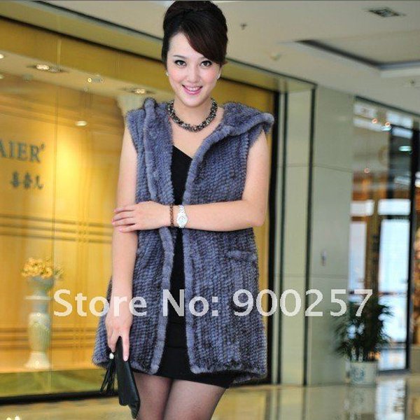 Genuine Knitted Hooded Mink Fur Long Vest, Blue-Grey