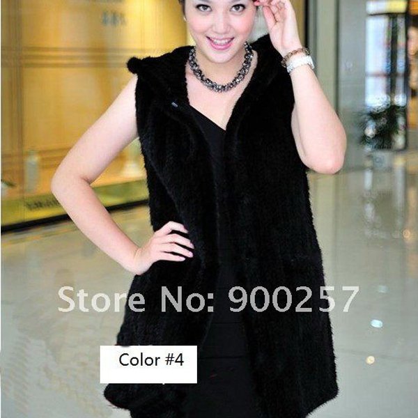 Genuine Knitted Hooded Mink Fur Long Vest, Black