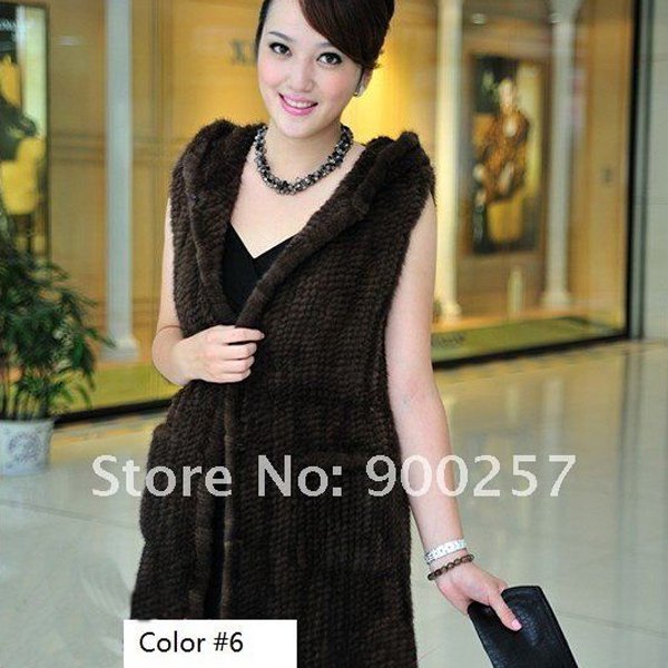 Genuine Knitted Hooded Mink Fur Long Vest, Brown