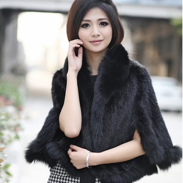 Genuine Knitted Mink Fur Shawl with Real Fox Fur Trims, Black