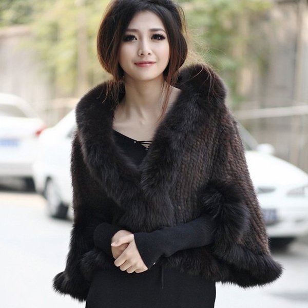 Genuine Knitted Mink Fur Shawl with Real Fox Fur Trims, Brown