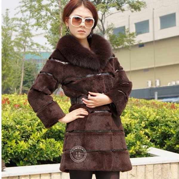 Genuine Real Rabbit Fur Coat with Fox Fur Collar, Brown, XL