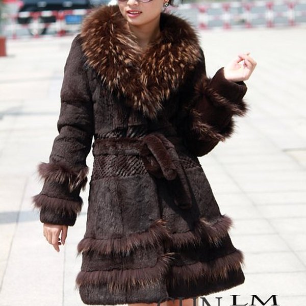 Genuine Real Rabbit Fur Coat with Raccoon Fur Collar Brown, L