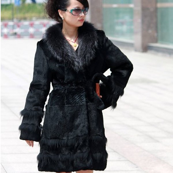 Genuine Real Rabbit Fur Coat with Raccoon Fur Collar, Black, XXL
