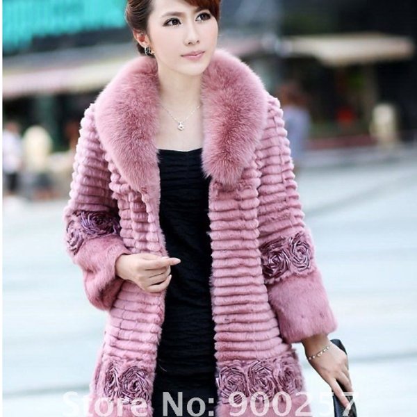 Genuine Real Rabbit Fur Coat with Satin Rose Decoration, Pink, L
