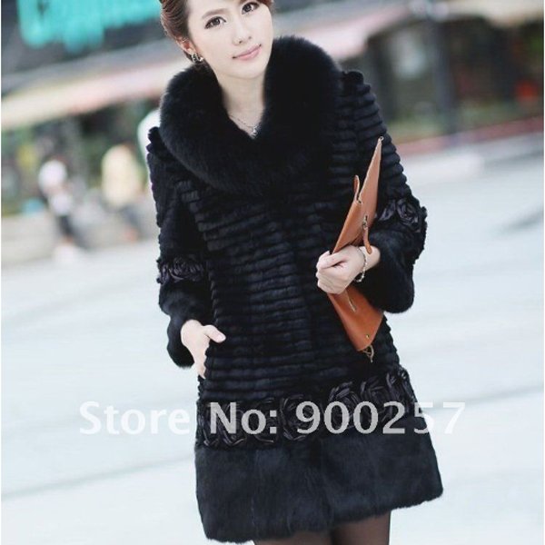 Genuine Real Rabbit Fur Coat with Satin Rose Decoration, Black, XXL