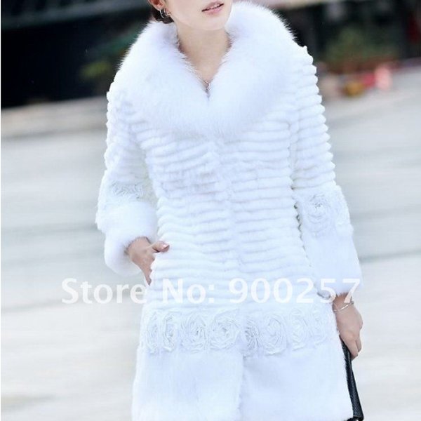 Genuine Real Rabbit Fur Coat with Satin Rose Decoration, White, L