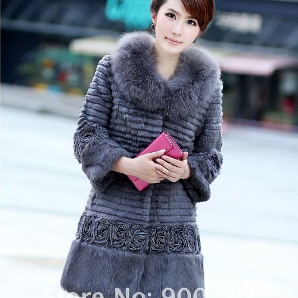 Genuine Real Rabbit Fur Coat with Satin Rose Decoration, Grey, XXL