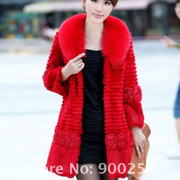Genuine Real Rabbit Fur Coat with Satin Rose Decoration, Red, XL