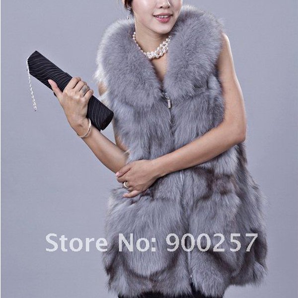 Gorgeous Genuine REAL Fox Fur Long Vest, Light Blue-Grey, XL