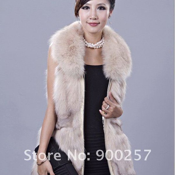 Gorgeous Genuine REAL Fox Fur Long Vest, Cream, XXL