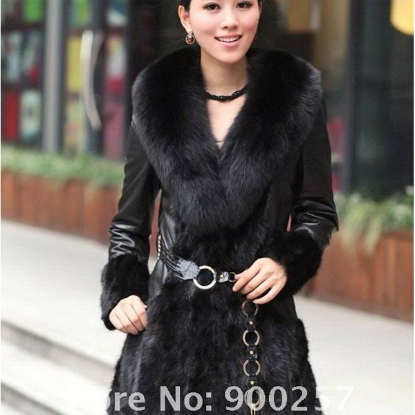 Lamb Leather Coat, REAL Mink fur Trimming & Fox Collar, Black, XXL