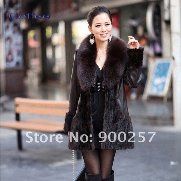 Lamb Leather Coat, REAL Mink fur Trimming & Fox Collar, Brown, XL