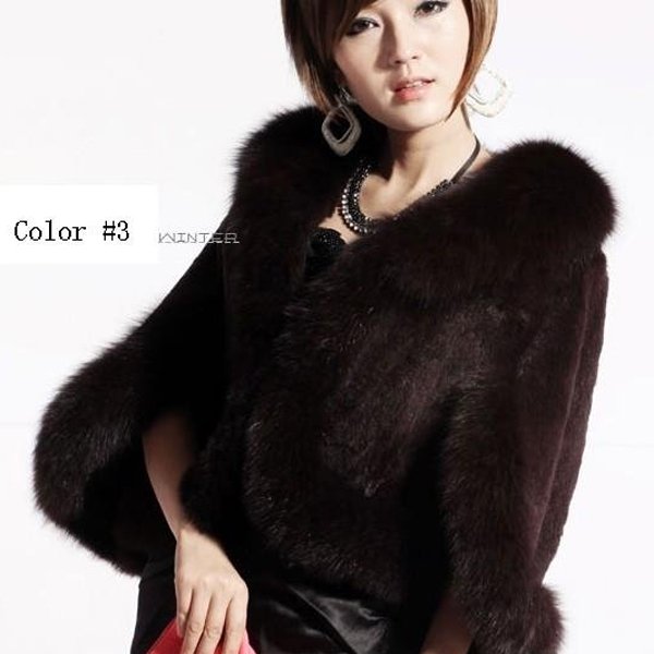 Luxury Genuine Sheared Rabbit Fur Shawl with Fox Trims Brown