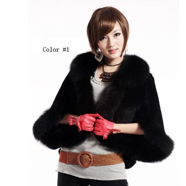 Luxury Genuine Sheared Rabbit Fur Shawl with Fox Trims Black