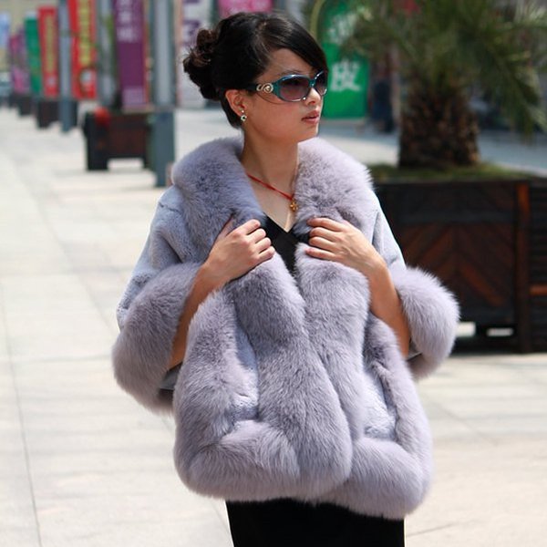 Luxuy Large Genuine Rex Rabbit Fur Shawl with Fox Trim, Liliac