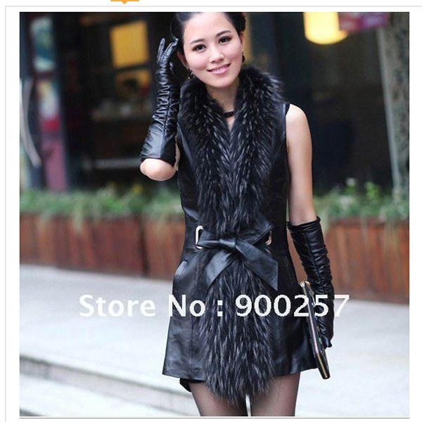 Real Long Lambs Leather Vest with Full Length Genuine Raccoon Fur Collar XL
