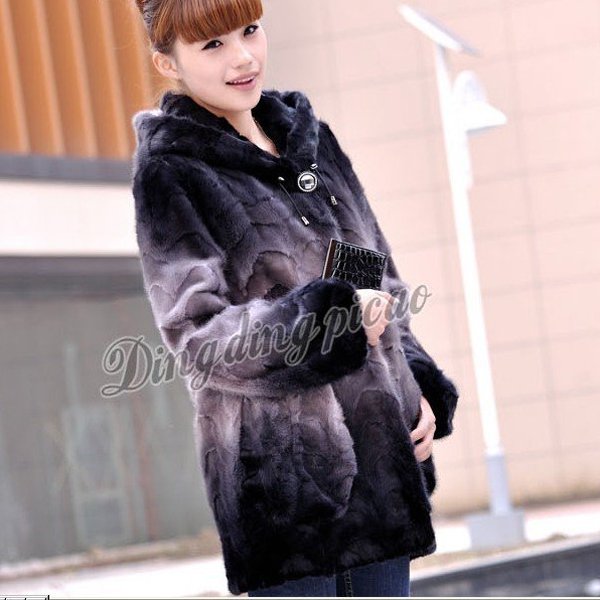 Top Qulity, Luxury, Genuine Real Hooded Mink Fur Coat Black/Liliac