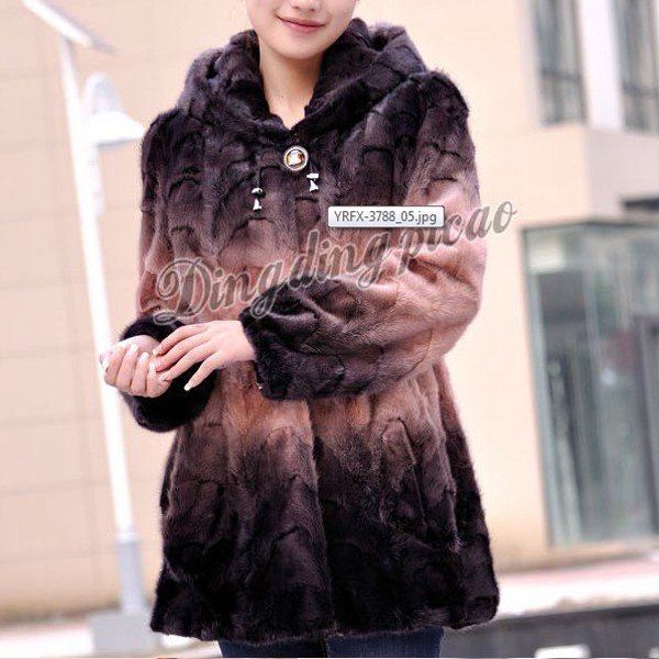Top Qulity, Luxury, Genuine Real Hooded Mink Fur Coat Black/Peach