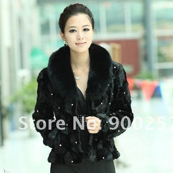 Simple and Elegant, Genuine Real Patched Mink Fur Jacket with Fox Fur Collar XXL